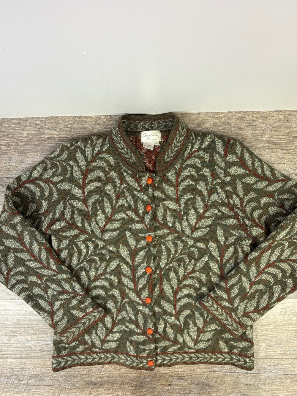 Cherry Lewis England Wool Blend Leaf Pattern Cardigan Sweater L